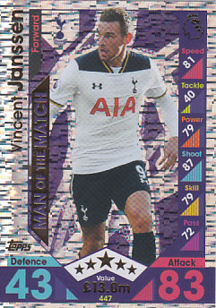 Vincent Janssen Tottenham Hotspur 2016/17 Topps Match Attax Man of the Match #447